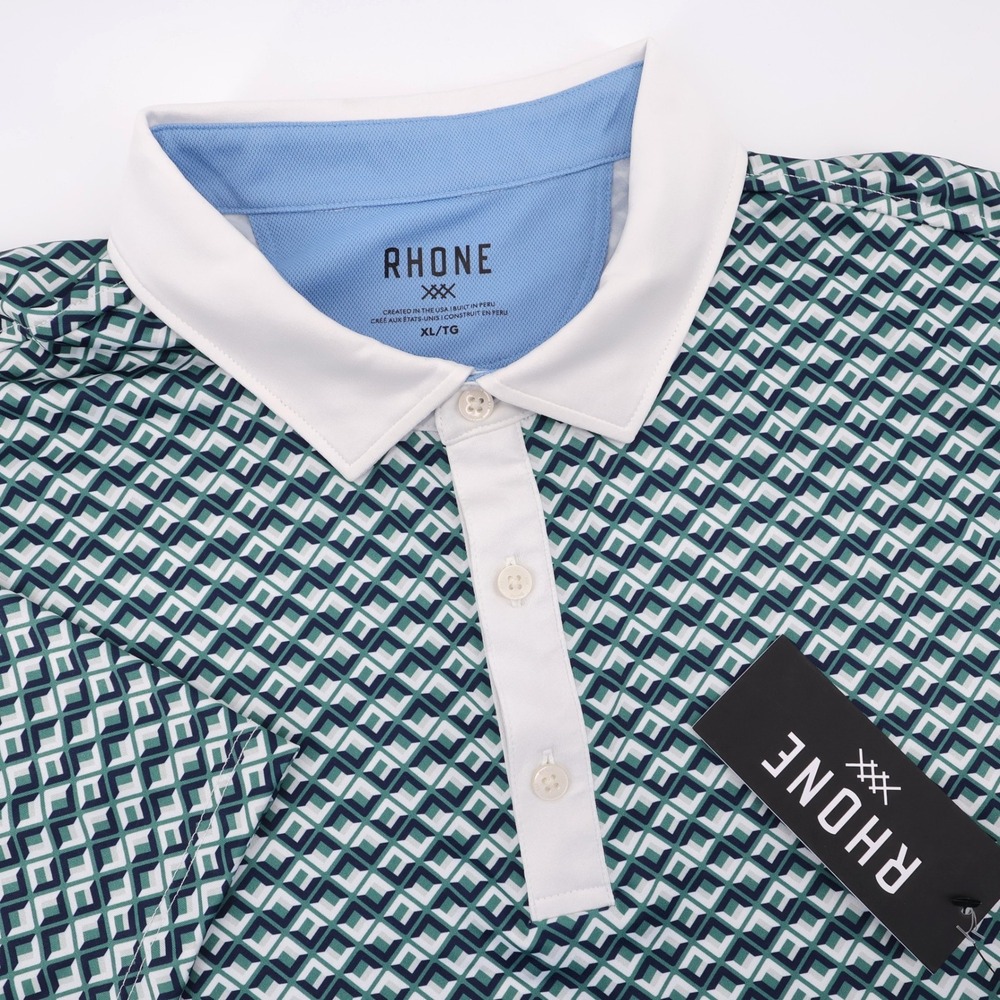 NEW Rhone Geometric Print Performance Polo Green Short Sleeve Mens‎ XL Shirt